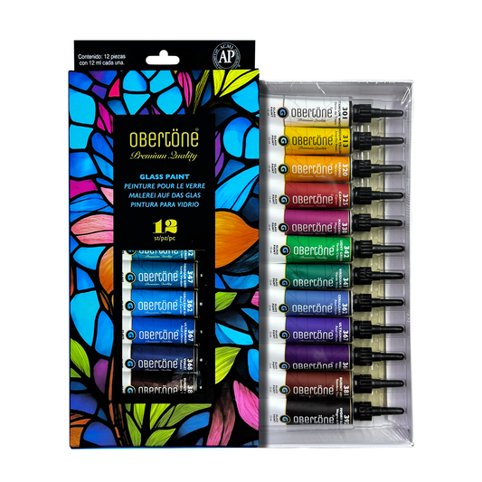 PINTURA PARA VITRAL OBERTONE ESTUCHE CON 12 TUBOS. CALIDAD PREMIUM.